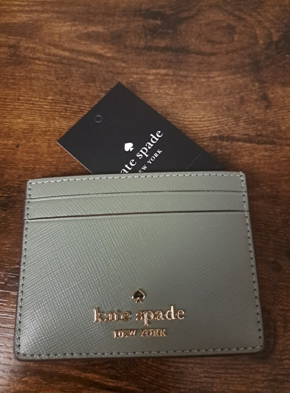 NWT kate spade Olive /Teal leather card holder with gold logo - Picture 2 of 5